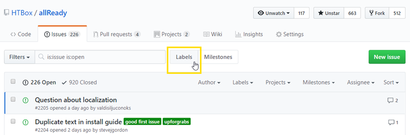 GitHub label filter button