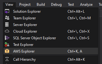 Opening Visual Studio AWS Explorer - AWS Toolkit
