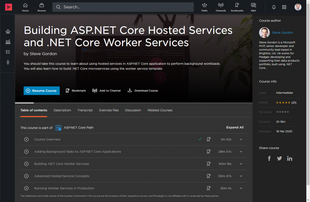 Screenshot of landing page for Pluralsight course, Building ASP.NET Core Hosted Services and .NET Core Worker Services Screenshot