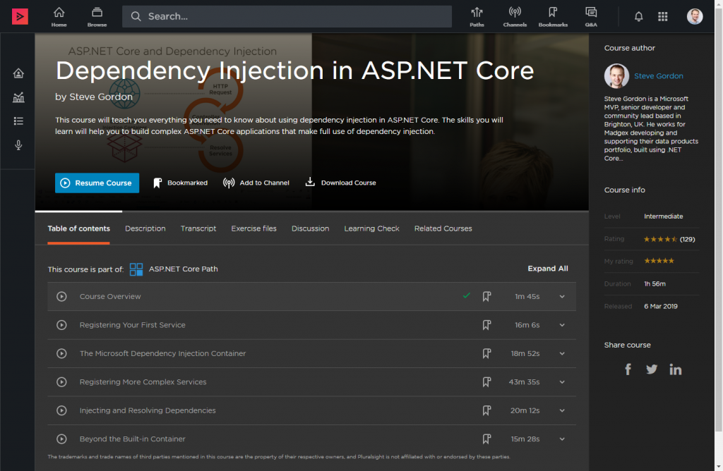 Dependency Injection in ASP.NET Core Pluralsight Course Image