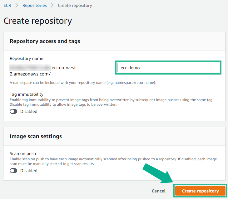 Providing a name and settings for a new AWS ECR respoitory.