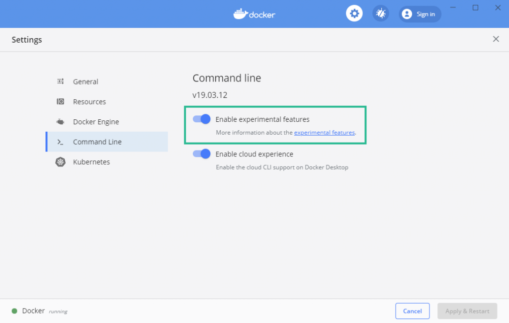Enabling Experimental Command Line Features for Docker Desktop