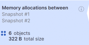 Screenshot from dotMemory showing the memory allocation comparison summary for two snapshots of a .NET application.