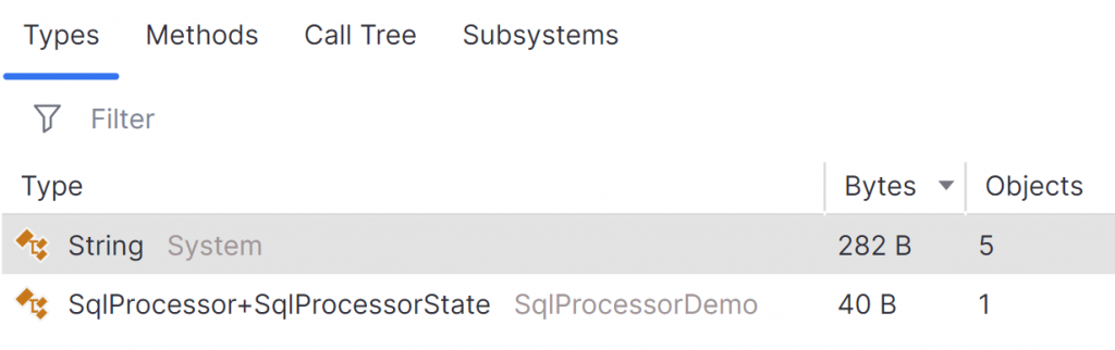 Screenshot from dotMemory showing the types captured in the memory allocation comparison between two snapshots.