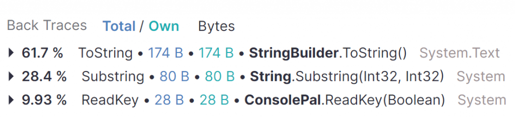 Screenshot from dotMemory showing the memory allocation backtraces.