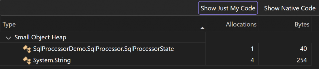 Screenshot from Visual Studio Performance Profiler showing the results of .NET memory allocation tracking.