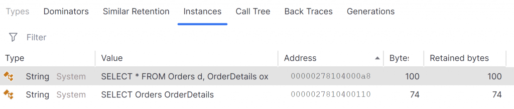 Screenshot from dotMemory showing the surviving string instances on the memory comparison view.